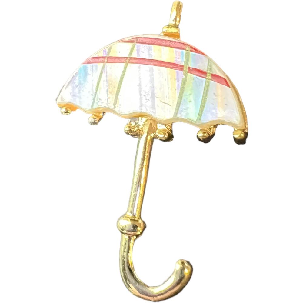 Vintage Umbrella Brooch Pin Mother of Pearl Red Stripe Gold Tone 1960s Parasol